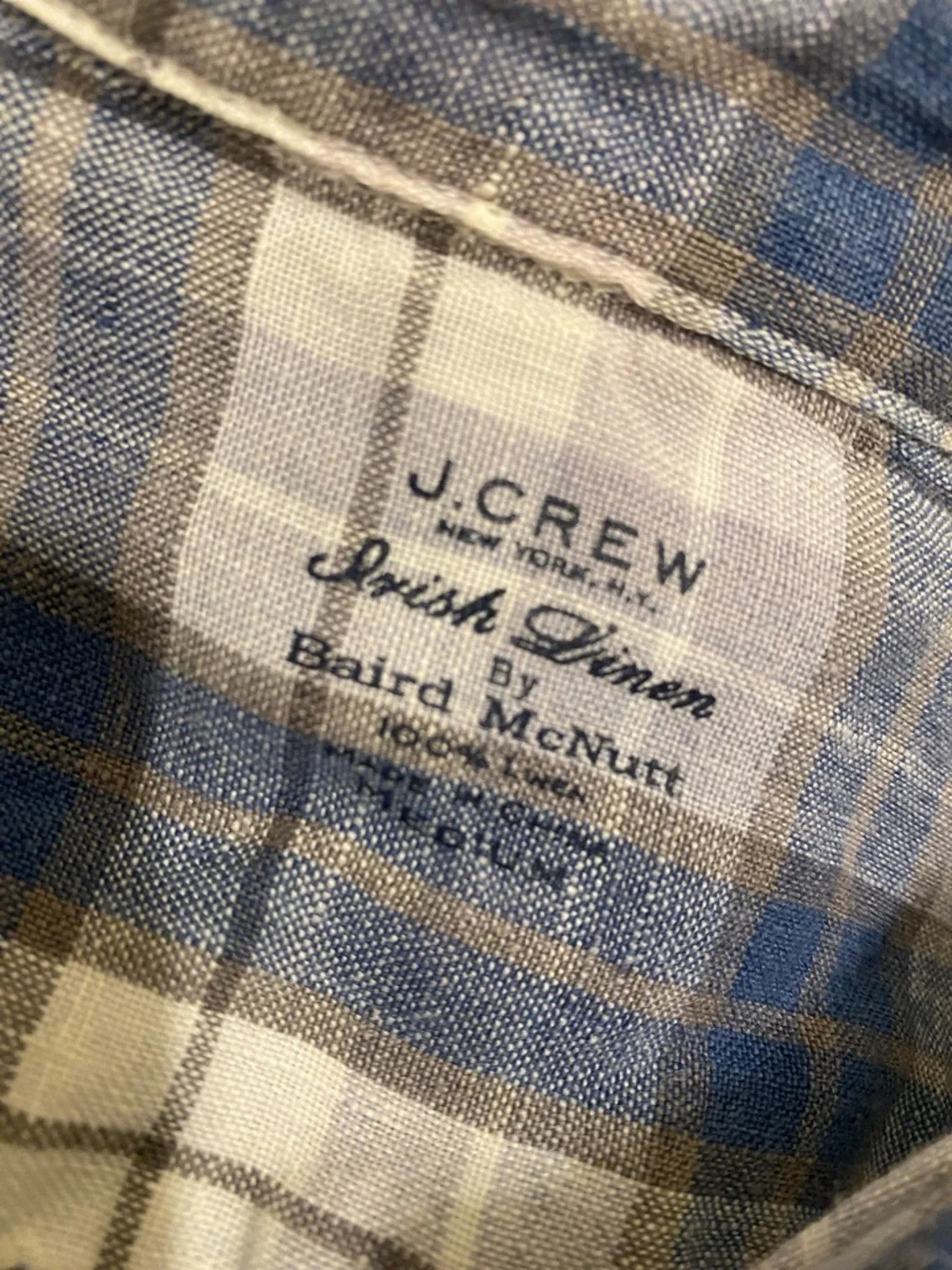J. Crew Irish Linen Blue and White Plaid Button-Down Shirt. Size M.